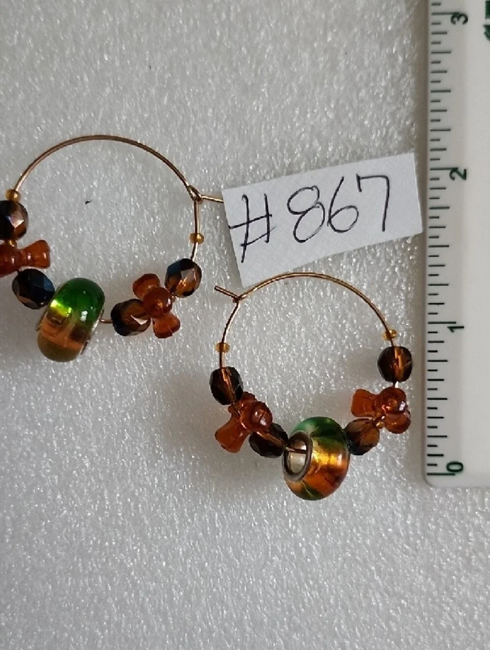 Hand Crafted Green and Amber Beaded Hoop Earrings
